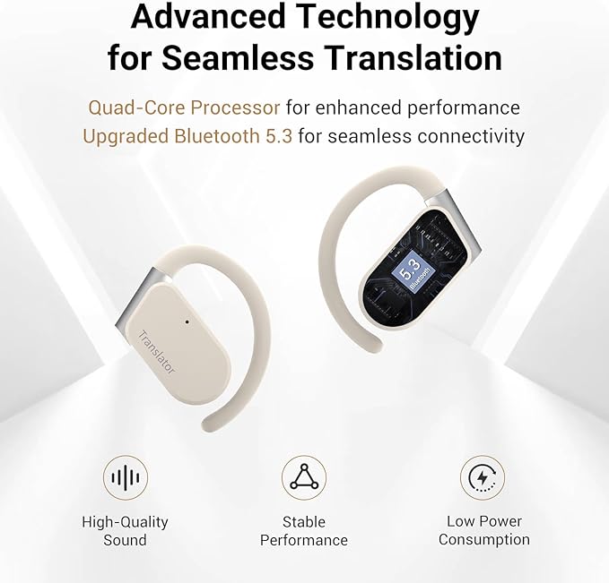 M9 AI Language Translator Earbuds Open-Ear Headphones Support 144 Languages & Accents Translation Earbuds Real Time Translator Device, Snug Fit, Ergonomic Ear Hooks Beige (With Offline Package)