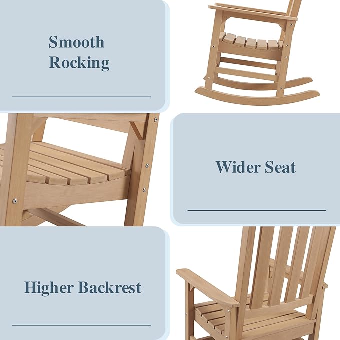 Psilvam Oversized Outdoor Rocking Chair Set of 2, Porch Rocker with 21" Wide Seat and 32" Tall Backrest, Pre-Assembled with Most Components for Effortless Installation (Teak Color)