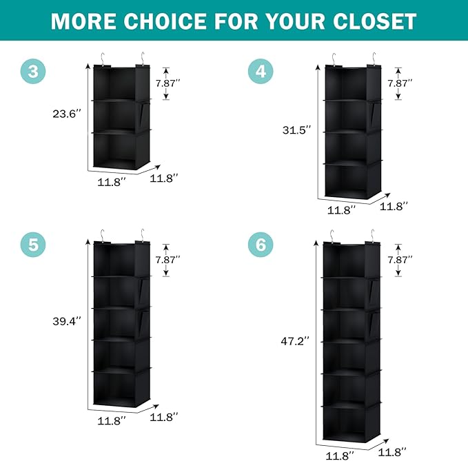 YOUDENOVA Hanging Closet Organizer, 4-Shelf Closet Hanging Storage Shelves, Black