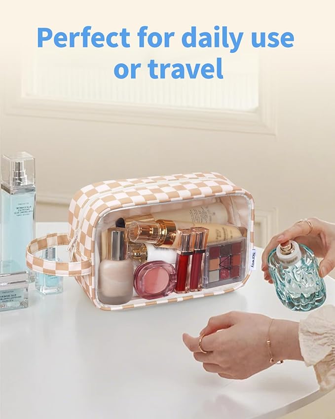 Narwey Clear Toiletry Bags for Traveling Women Men, Clear Travel Bags for Toiletries Makeup Bag Cosmetic Bag with Zipper, Make Up Organizer, Skincare Bag (Light Checkerboard)