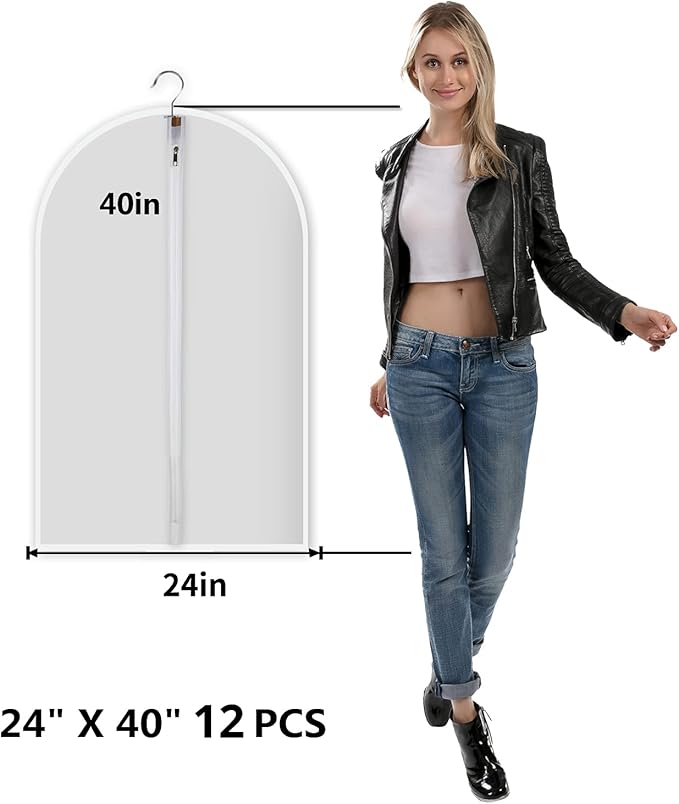 Clear Garment Bags Clothes Covers Protecting Dusts (Set of 12) for Storage Plastic Garment Bags Hanging Clothes Bags Dress Bag for Gowns Long with Zipper for Closet - 24'' x 40''/12 Pack