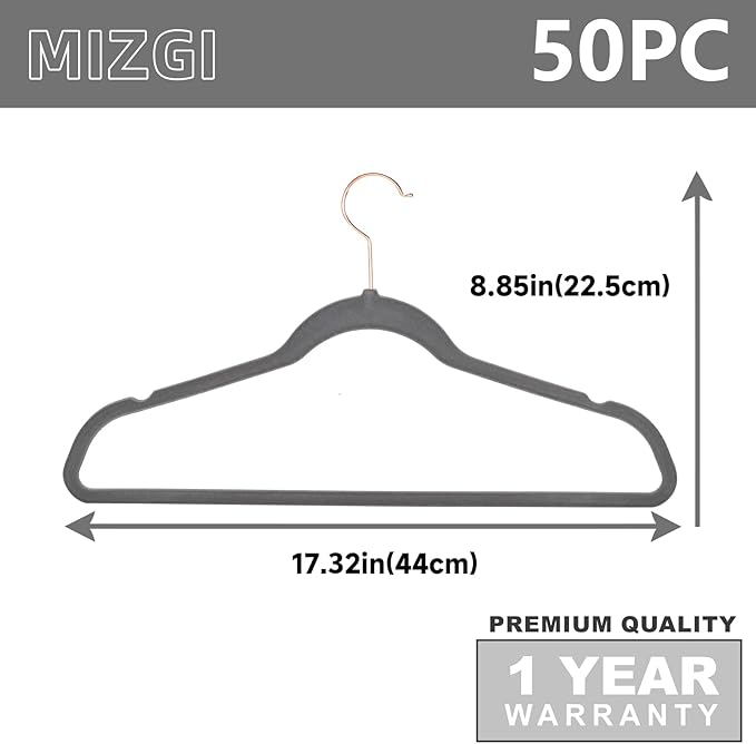 MIZGI Premium Velvet Hangers (50 Pack) Heavy Duty Non Slip Felt Hangers Gray,Rose Gold 360 Degree Swivel Hooks,Space Saving Clothes Hanger,Durable Strong Hanger for Suits,Coats,Pants & Dress