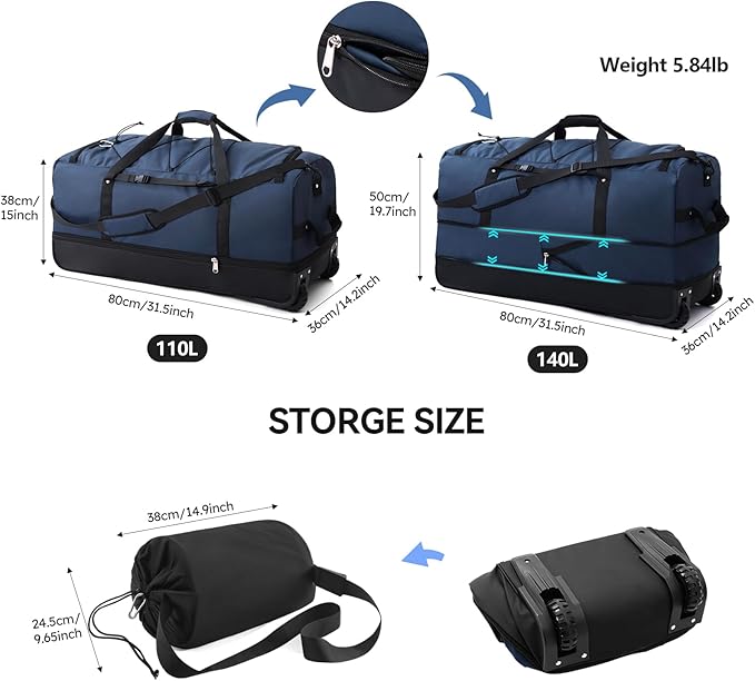 110L/140L Expandable Soft-Sided Foldable Duffle Bag with 2 Rubber Wheels,Packable 32” Rolling Carry-On with Multi-Pockets & Compartments,Navy Blue