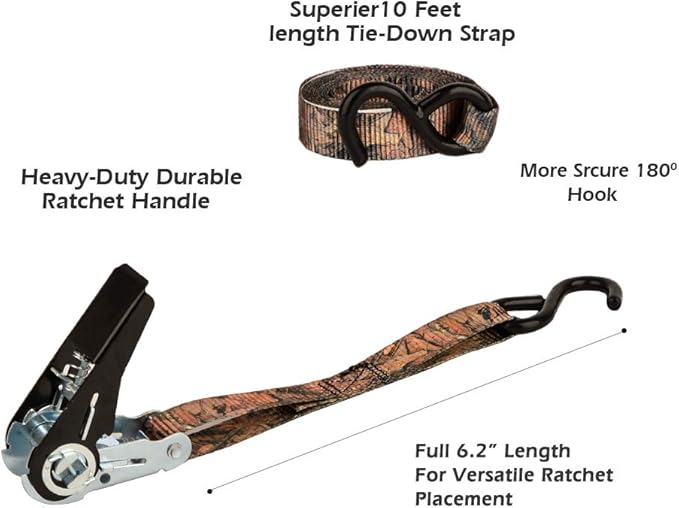 XSTRAP STANDARD Ratchet Tie Down Straps 4 Pk 10 Ft- 300 Lbs Load Cap- 900 Lbs Break Strength-Cargo Straps for Hunting, UTV, ATV, Pickup, Truck, Moving Appliances, Lawn Equipment, Camouflage