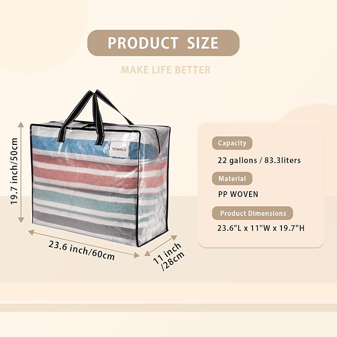 VENO 4 Pack Heavy Duty Moving Bags, Storage Bags, Packing Supplies, Top Zipper, Storage Totes for Camping, Clothes, Bedding, Comforters, Pillows (22 Gallon Clear, 4 Pack)
