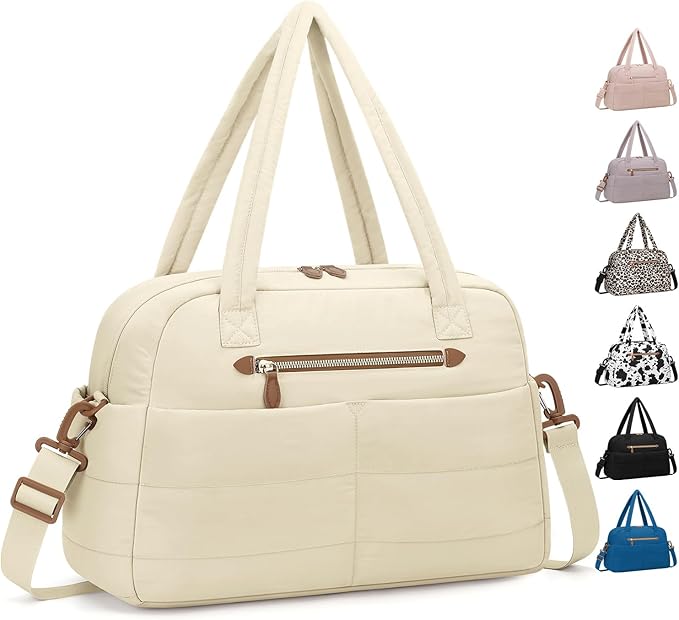 Travel Duffle Bag,Puffer Carry On Duffel Bag with Laptop Compartment Waterproof Overnight Weekender Bags for Women Large Hospital Tote Bags for Labor and Delivery(Medium,Beige）