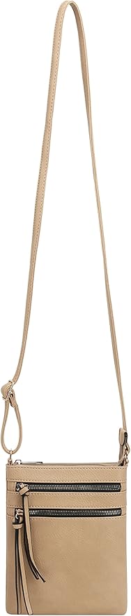 DELUXITY | Crossbody Purse Bag | Functional Multi Pocket Double Zipper Purse | Adjustable Strap | Medium Size Purse | Camel