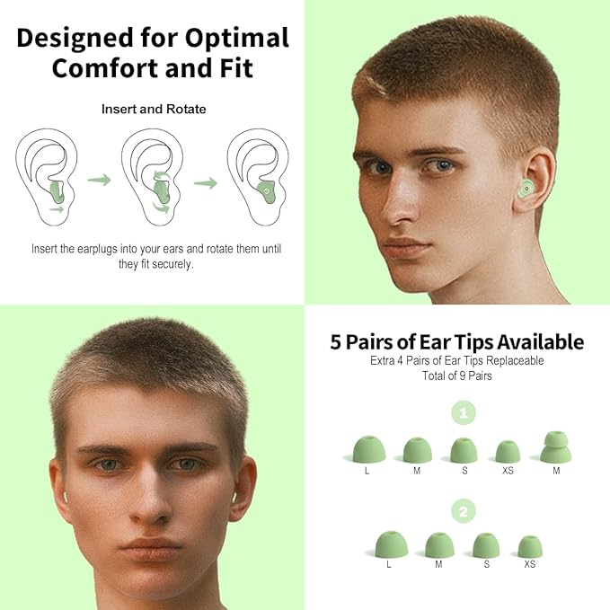 Ear Plugs for Sleeping Reusable Earplugs for Concerts Noise Cancelling Soft Silicone Noise Reduction Earbuds for Travel, Focus, Work 33-45dB Hearing Protection with 9 Ear Tips & Case (Green)