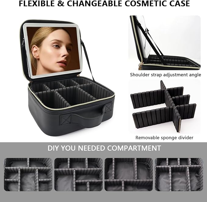 Travel Makeup Bag for Makeup Artists Large Makeup Case,with Mirror 3 Color Setting and Detachable 10x Magnifying Mirror Travel Makeup Bag,Portable Storage and Adjustable Dividers（black）