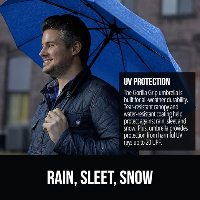 GORILLA GRIP Strong Stick Umbrella for Rain, Compact Travel One-Click Automatic Open Close, Lightweight, Portable, US Designed Reinforced Fiberglass Ribs, Wind Resistant, Easy Collapse, Navy