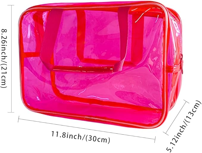 Clear Makeup Bag Travel Toiletry Artist Bag, Multifunction Waterproof Clear PVC Tote Handbag with Zipper, Hot Pink