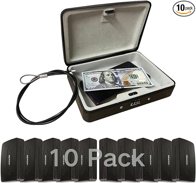 SEPOX 10Pcs Portable Security Case Lock Box Steel, Personal Travel Safe Storage Cabinet for Small Item, with 3 Ft Security Cable& Ressetable Combination Lock for Office, Car, Sports, Water Resistant