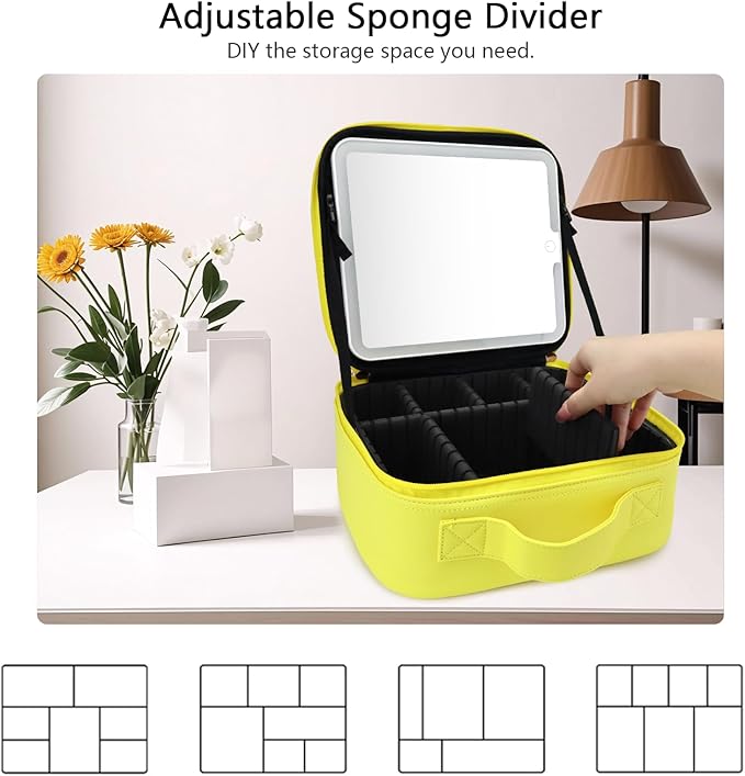 Travel Makeup Bag with LED Mirror Travel Makeup Organizer with 3 Lighted Settings, Adjustable Dividers and Makeup Brush Storage Bag Yellow