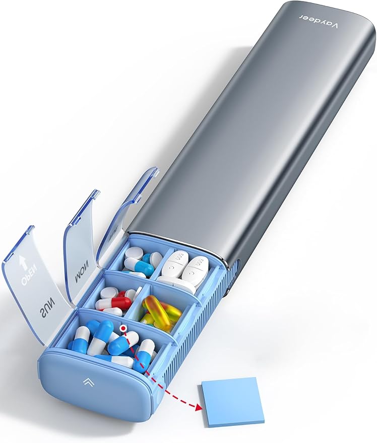 Vaydeer 7 Day Weekly Pill Organizer (Support 2 Times a Day), Metal Travel Pill Case, Large Capacity Daily Cute Pill Box for Supplements, Pills, Vitamins and Medication (Gunmetal)