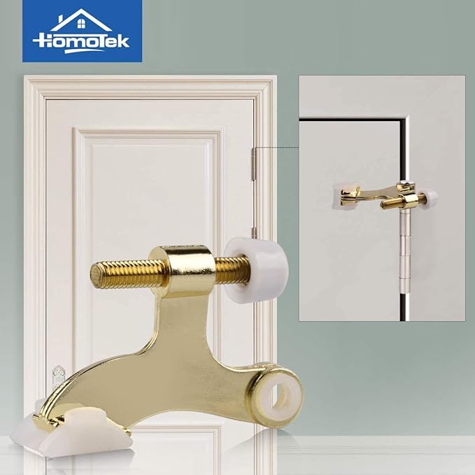 HOMOTEK 12 Pack Hinge Pin Bright Brass Door Stopper, Gold Door Stops, Adjustable Deluxe Heavy Duty Door Stopper 2-1/2"x1-3/4”,with White Rubber Bumper Tips
