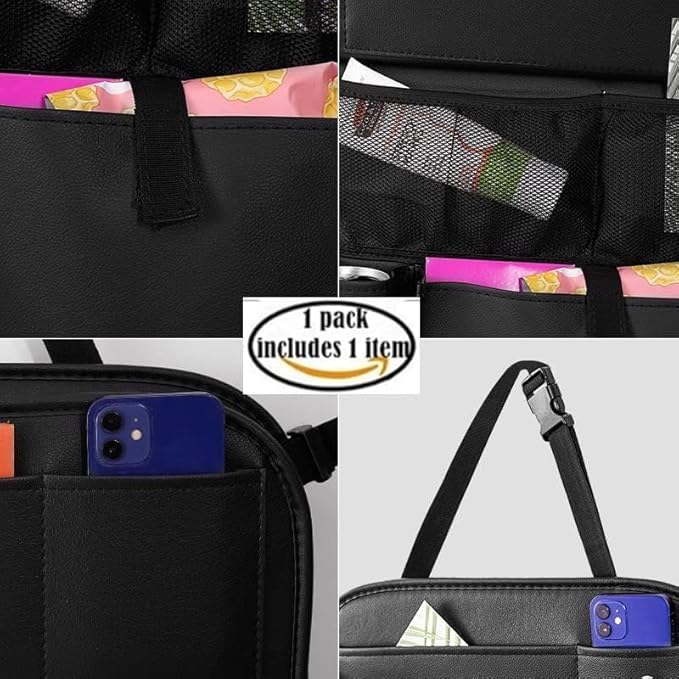 2PACK Leather Car Backseat Organizer with Tablet Holder - 9 Large Storage Pockets, Foldable Food Tray & Anti-Scratch Kick Mats - Universal Car Seat Protector for Kids, Pets & Travel Accessories