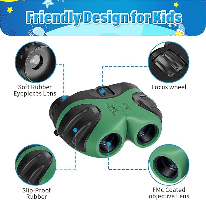 Easter Gifts for 3-12 Years Old Boys, VNVDFLM Compact 8x21 Shock Proof Green Binoculars for Bird Watching Kids Telescope for Teens Toys for 5-10 Years Old Girls (Green)