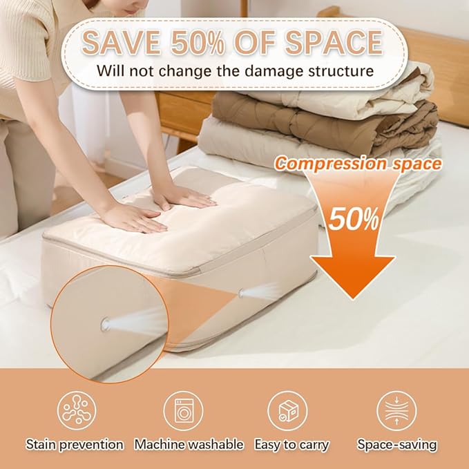 XL Ultra Space Saving Bags self compression organizer bags space saver bag for comforters Storage bag organizer for blankets bedding clothes(Beige-1PCS)