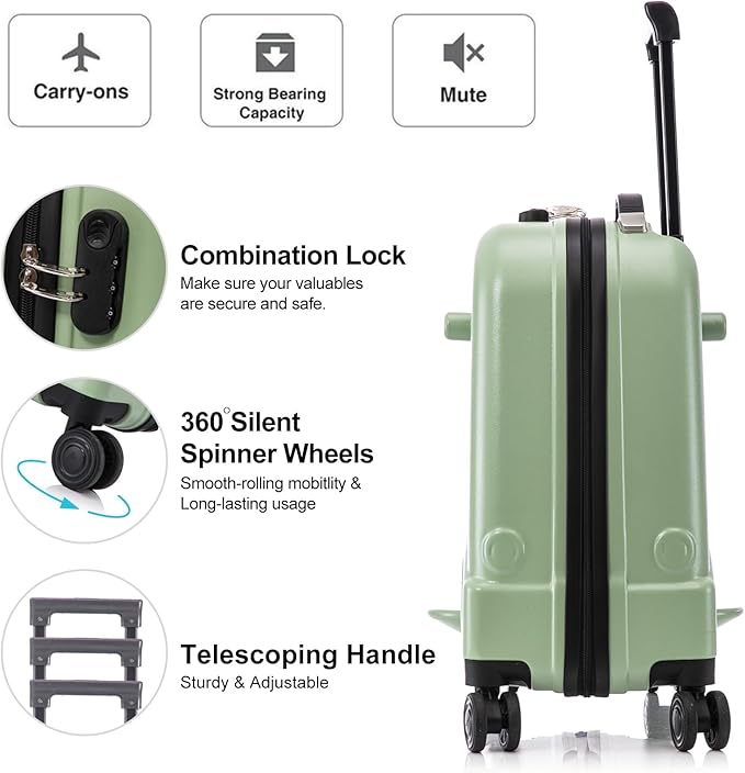 Apelila 22 inch Ride on Suitcase for Kids Travel Trolley Luggage with Spinner Wheels for Child with Combination Lock/Safety Belt/Telescoping Handle (Green)