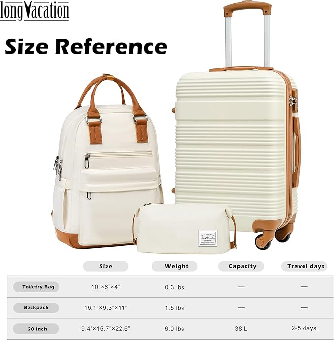 LONG VACATION 3 Piece Carry On Luggage 20 Inch Suitcase with Spinner Wheels, ABS+PC Hardshell Suitcase set with TSA Lock & YKK Zipper