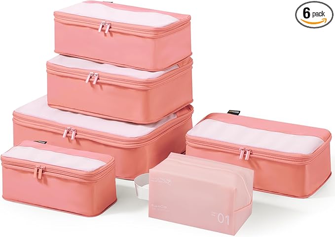 6 Set Compression Packing Cubes for Travel Essentials, Luggage Organizers for Suitcases (Dusty Pink)