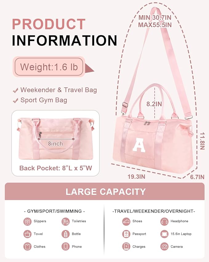 Initial Travel Duffel Bag Sports Gym Bag for Girls Teen Birthday Gifts,Pink Personalized Weekender Carry On Tote Bags for Women Men,Waterproof Overnight Luggage Bag with Trolley Sleeve(Letter A)