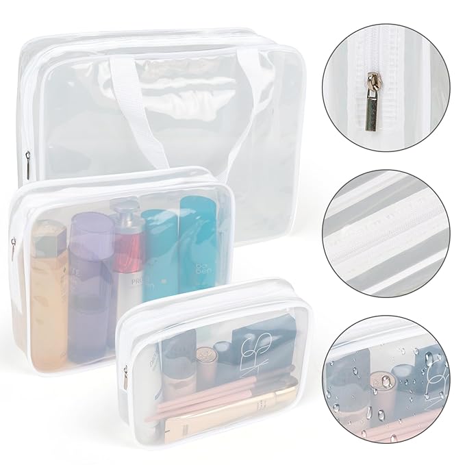 APREUTY Clear Makeup Bags, TSA Approved 6 Pcs Cosmetic Makeup Bags Set Clear PVC with Zipper Handle Portable Travel Luggage Pouch Airport Airline Vacation Organization (Bright White)