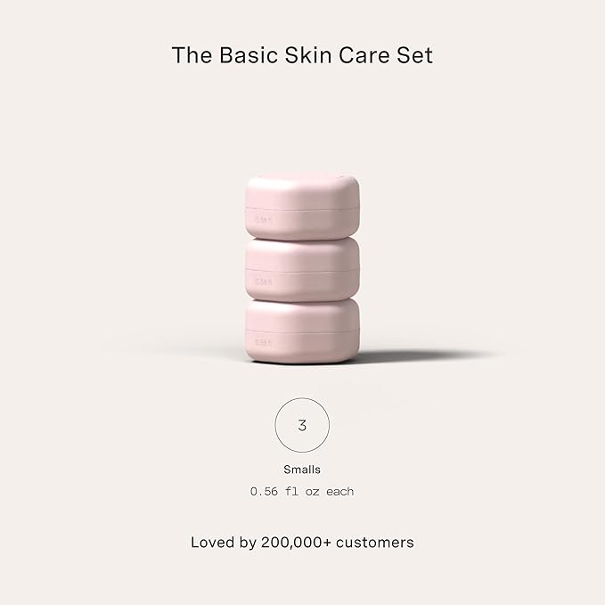 Cadence Travel Containers Basic Skincare Set - Magnetic Containers with Lids,Carry On Travel Essentials For Women/Men - 3 Small Capsules (0.56oz) - Cleanser, Moisturizer & Sun-Icon Labels - Petal