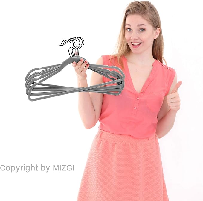 MIZGI Premium Velvet Hangers (50 Pack) Heavy Duty - Non Slip Felt Hangers - Velvet Suit Hanger Gray - Black Coated Hooks,Space Saving Clothes Hanger