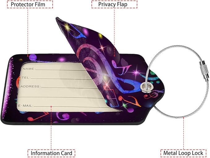 Colorful Musical Notes Luggage Tags for Suitcases,2 Pack Luggage Tag, Leather Stainless Steel Loop Label Tag for Women Girl Travel Bag Suitcase