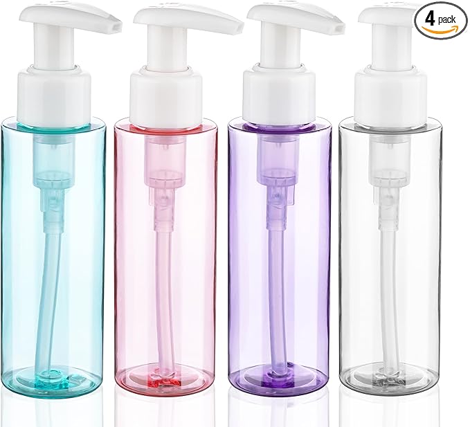 Travel Bottles Plastic Pump Bottle Dispenser TSA Approved 3.4oz/100ml 4 Pack Travel Refillable Shampoo and Conditioner Bottles Empty Travel Size Bottles for Cosmetic, Lotion, Liquid Soap (mixcolor)