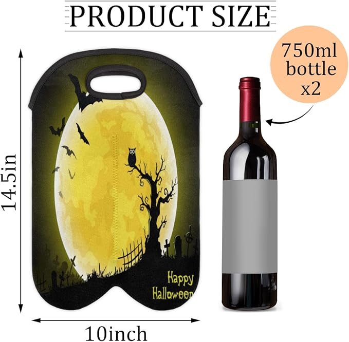 Vintage Sea Turtle 2 Bottle Wine Carrier Tote Bag Insulated Wine Bottles Neoprene Bag with Secure Carry Handle Portable Wine Cooler Bag for Travel Picnic Beach (Halloween Moon Owl)