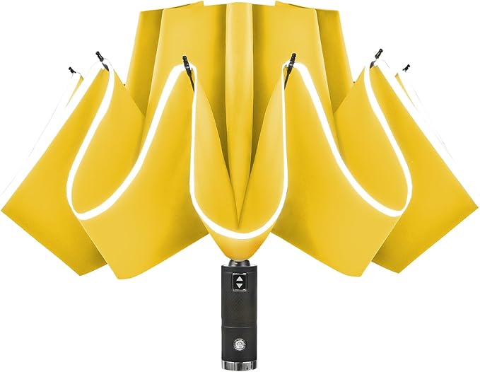 Lejorain Automatic Folding Umbrella Inverted - Upside Down Yellow Windproof Umbrella LED Flashlight Handle With Reflective Strip