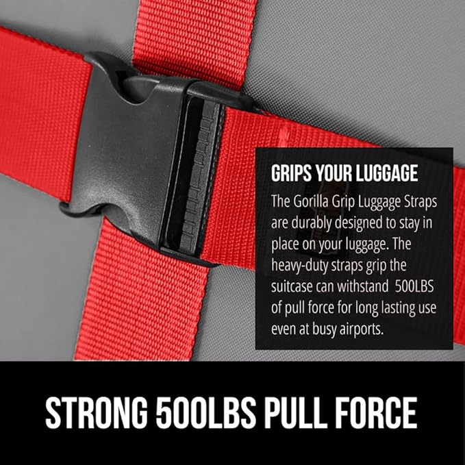 GORILLA GRIP Heavy Duty Adjustable Luggage Straps for Suitcases, Easy to Identify Travel Belt Connector Holds Suitcase Together, Extends Life of Bag, Strap Connects Two Bags, Accessories 2 Pack Red