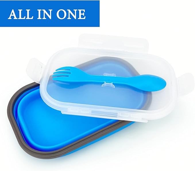 Collapsible Lunch Box Containers, Silicone Bento Box with Airtight Lid and 2 in1 Spoon & Fork, 1000ml Large Portion Reusable Silicone Food Storage Container, Microwave Dishwasher Safe