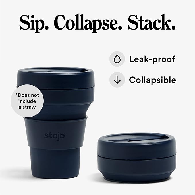 STOJO Collapsible Travel Cup - Reusable To-Go Pocket Size Silicone Bottle for Hot and Cold Drinks - Perfect for Camping - Microwave & Dishwasher Safe (Denim, 12 Ounce (Pack of 1) - No Straw)