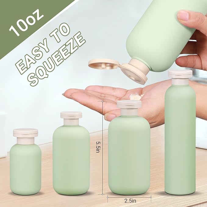 ASEVAT 10oz 4Pcs Green Plastic Refillable Travel Shampoo and Conditioner Bottles Plastic Refillable Travel Shampoo Bottles with Flip Cap Shampoo and Conditioner Dispenser