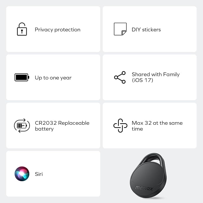 Momax Key Finder Tracker Tag - [Apple MFi Certified] Smart Bluetooth Tracking Device with Find My (iOS Only), Replaceable Battery, DIY Stickers, for Wallets, Luggage, Suitcases, Backpacks, 4 Pack