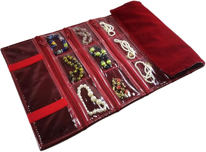 Travel Jewelry Roll Bag Portable Organizer Pouch With Grids&PVC Cover Storage Bags for Necklace, Bracelet, Bracelet,Ring, Badge, Pendant