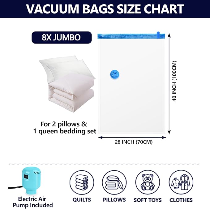 Vacuum Storage Bags for Blankets and Comforters 8 Jumbo Vacuum Seal Bags for Clothing Blankets Bedding with Electric Pump Compression Bag for Travel Luggage Jumbo Space Saver Storage Bag