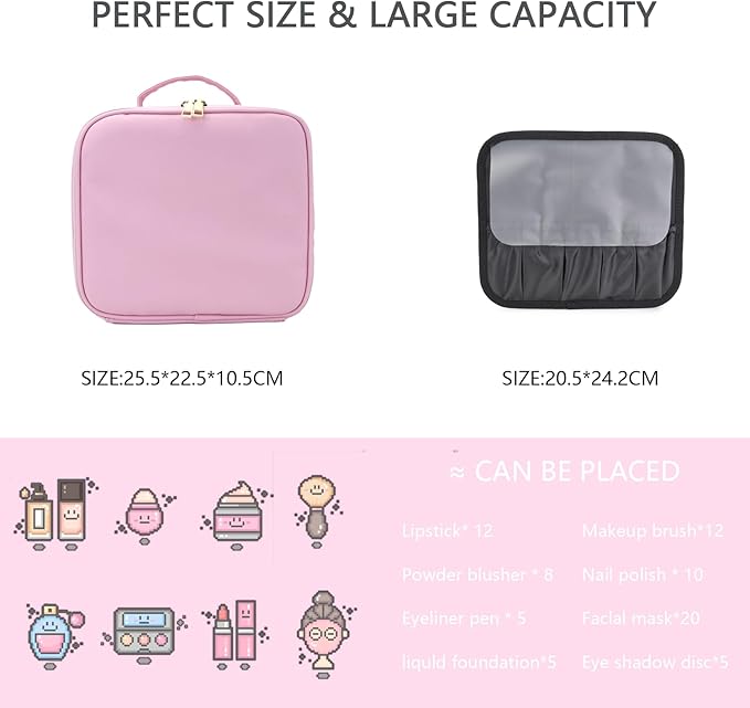 Makeup Bag with Led Mirror,Travel Makeup Organizer with 3 Color Setting, Portable Storage and Adjustable Dividers Travel Makeup Bag(Light Pink)