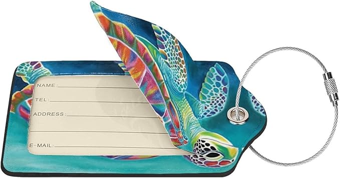 Sea Turtle Leather Luggage Tag with Stainless Steel Ring, Fun Name Id Card Cover Travel Bag Tag Set, Suitable for Travel Bag Luggage Women Men 4 PCS