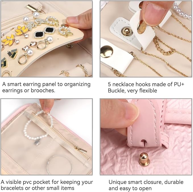 Voova Travel Jewelry Holder Organizer Case, Large Jewelry Storage Bag for Women Girls, Foldable Traveling Jewellery Pouch Roll for Necklaces Rings Earrings Bracelets, Light Pink