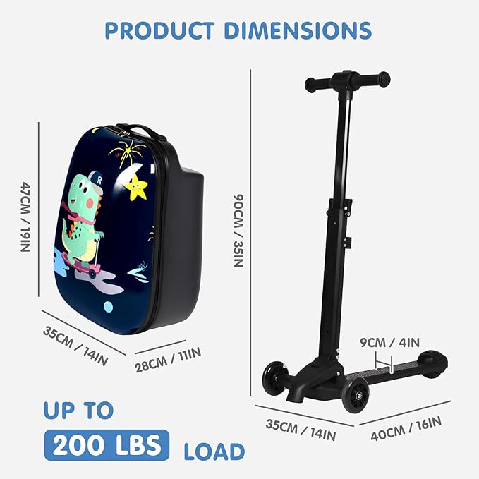 4-in-1 Detachable Scooter Luggage for Kids & Teens – Hardside Ride-On Suitcase with Led Light Up Wheels, Dinosaur Design, Lightweight Foldable, Perfect Travel Gift for Boys(Navy Blue 22-inch)