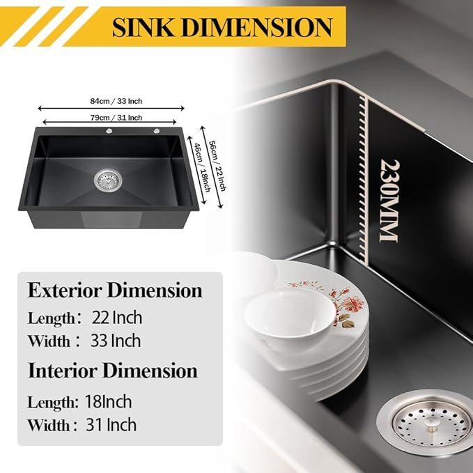 Black Kitchen Sink, Stainless Steel Drop In 33x22x9 Inch Single Bowl Topmount Kitchen Sink Combo-Stainless Grid,Soap Dispenser,Faucet Mat,Drain Strainer Set for Modern Style Kitchen&Bar