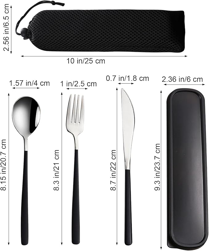 VANRA 3-Piece Portable Travel Utensils Set with Case 18/8 Stainless Steel Flatware Set Reusable Cutlery Set with Fork Spoon Knife for Lunch Travel Camping School Work Picnic (Black)