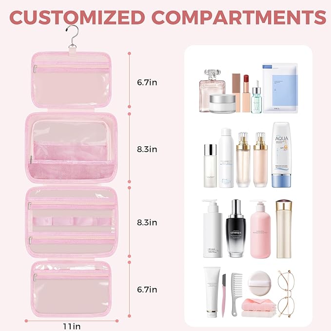 Toiletry Bag For women,Portable Hanging Organizer,4 Leakproof Compartment for full-sized Conditioner, Brushes Set, Makeup Accessories,Visible and easy to access.M-pink