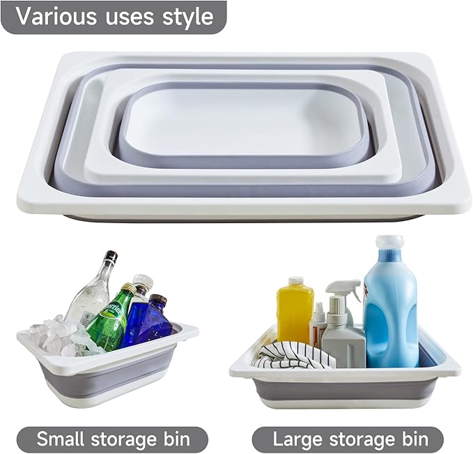 Beright 2 Pack Storage Bins, Collapsible Wash Basin Folding Dish Tub Sink, Space Saving for Dishing, Fruit, and Camping, Hiking and Home, Grey, 2 in 1 Set