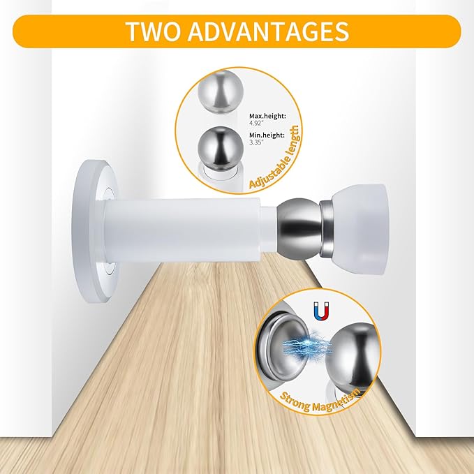 Door Stoppers – Heavy Duty Magnetic Door Stopper for Wall & Bottom of Door – Premium Adjustable Door Stop with Heavy-Duty Windproof Design, Constructed with SUS304 Stainless Steel (White)