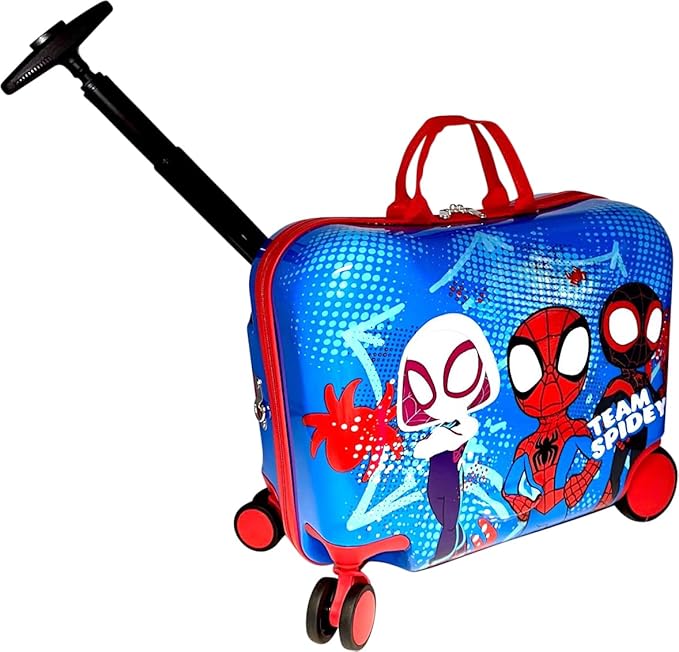 Fast Forward Ride-On 18"" Suitcase For Kids/Tow-Along Toddler Carry-On Luggage With Wheels (Spidey And Friends), Large
